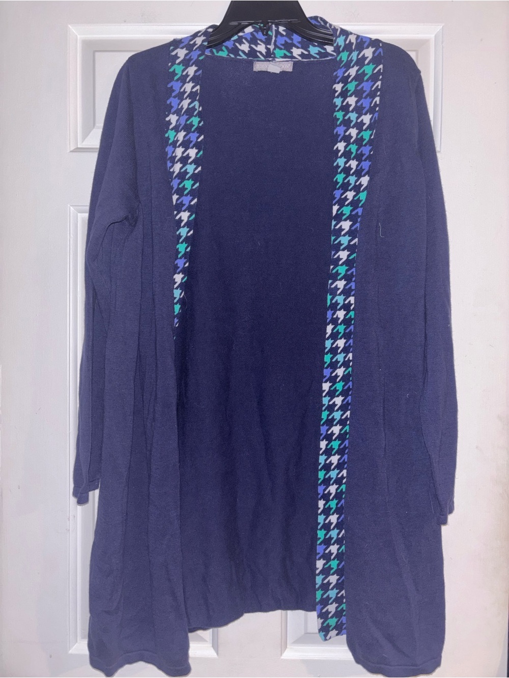 Jessica London Navy Open Cardigan with Blue & Teal Houndstooth Trim